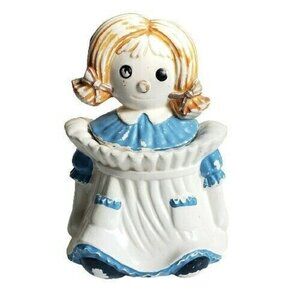 Vintage Metlox Poppytrail Raggedy Ann Rag Doll Cookie Jar Blue White 10.5 in